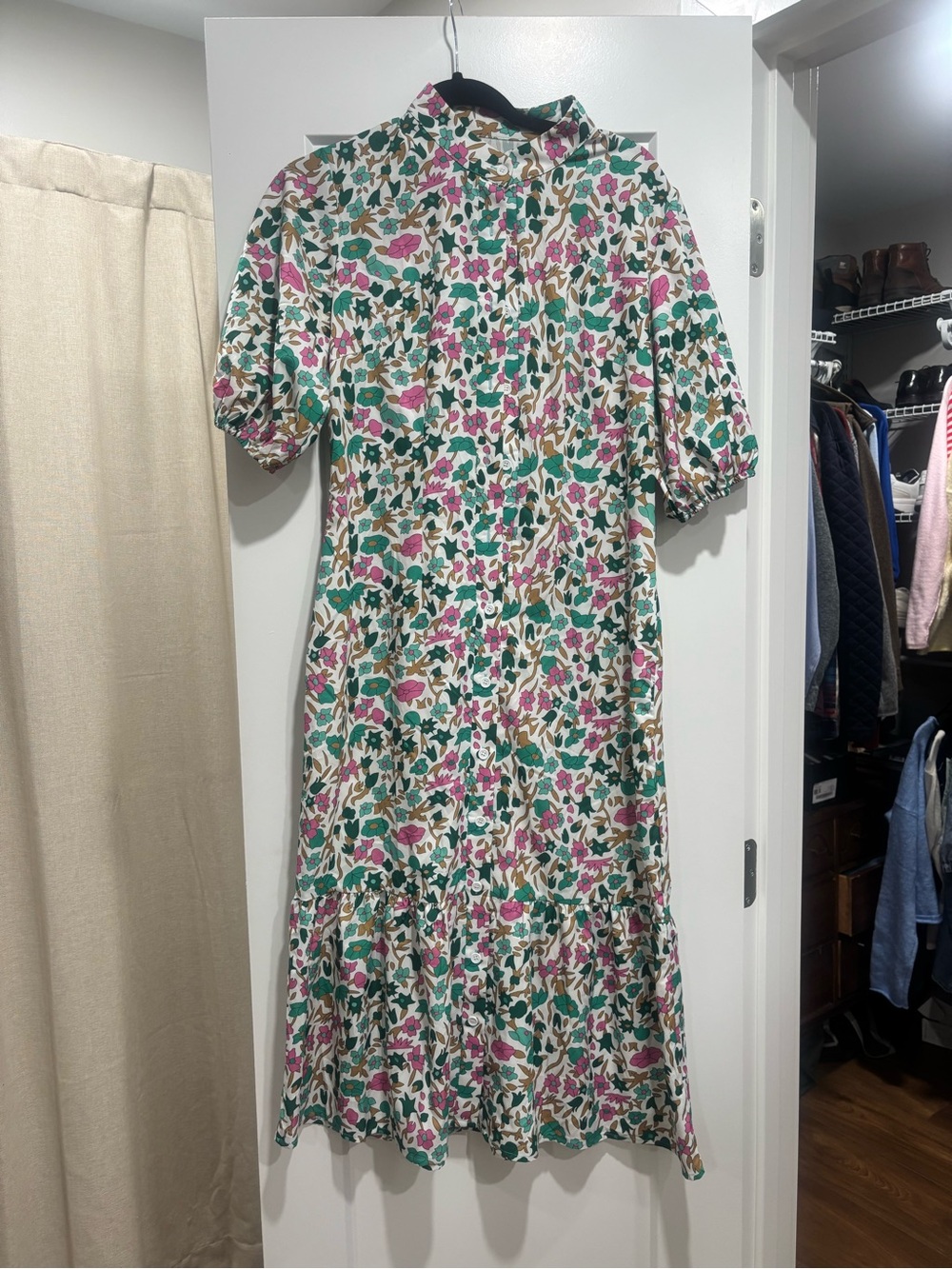 Cream Floral Midi Dress with Puff Sleeves - Pink & Green Bloom